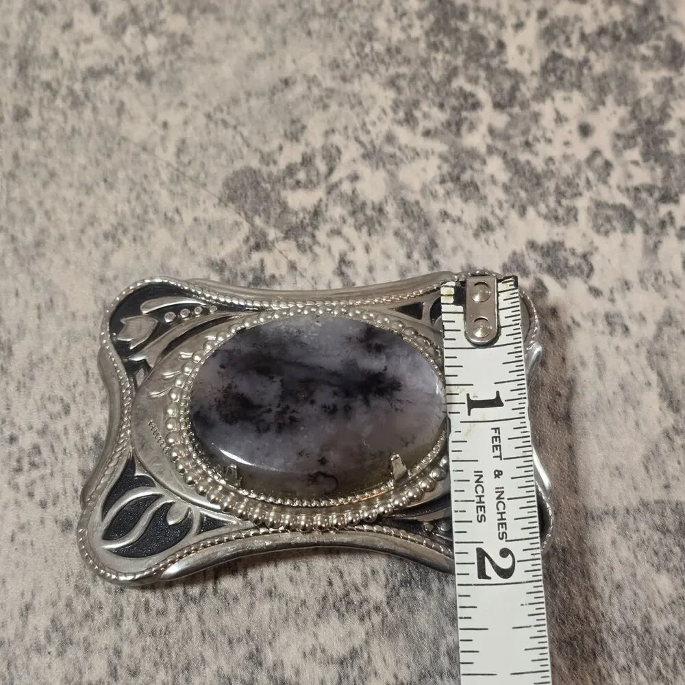 Vintage Belt Buckle black stone center metal tulip geometric men women silver